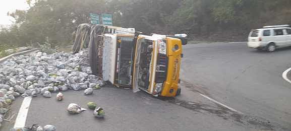 திம்பம் மலைப் பாதையில் சரக்கு வேன் கவிழ்ந்து விபத்து