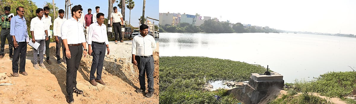 காக்களூா் ஏரியில் புனரமைப்பு, கட்டுமானப் பணிகள்