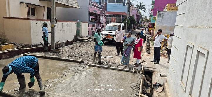 சிமெண்ட் சாலை அமைக்கும் பணி ஆய்வு